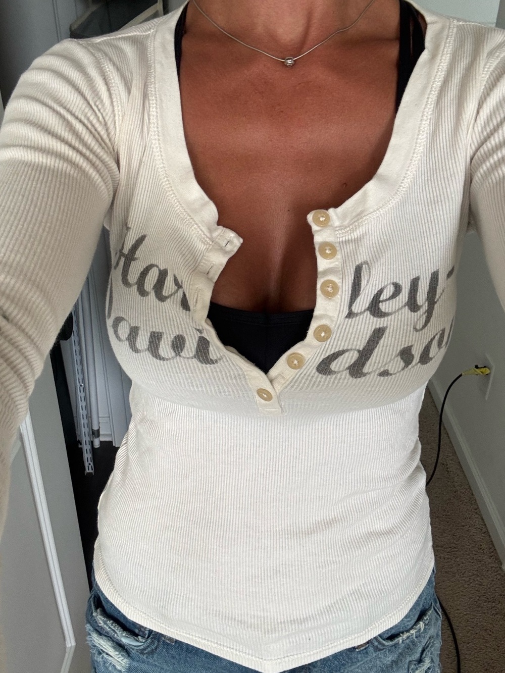 Harley-Davidson Cream Ribbed Henley with Gray Logo